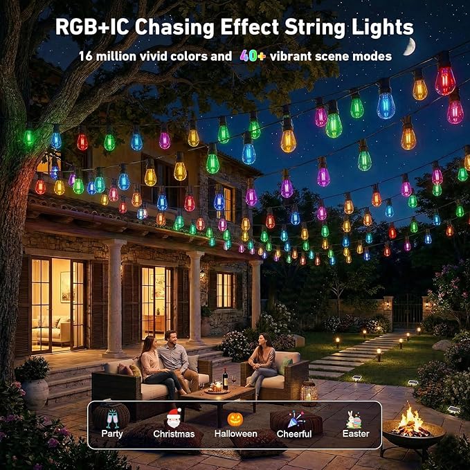 400FT RGB+IC Outdoor String Lights, IP67 Waterproof Dimmable Shatterproof Patio Bulbs with Chasing DreamColor Effect, Smart Decorative String Lights for Backyard, Garden, Balcony & Outdoor Areas