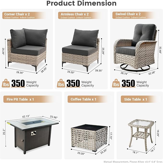 Outdoor Patio Furniture Sets,9 PCS Patio Conversation Set Outside Rattan Sectional Sofa with 42 in Fire Pit Table Wicker Rocking Chair Coffee Table Fit Backyard Porch Garden Poolside Balcony