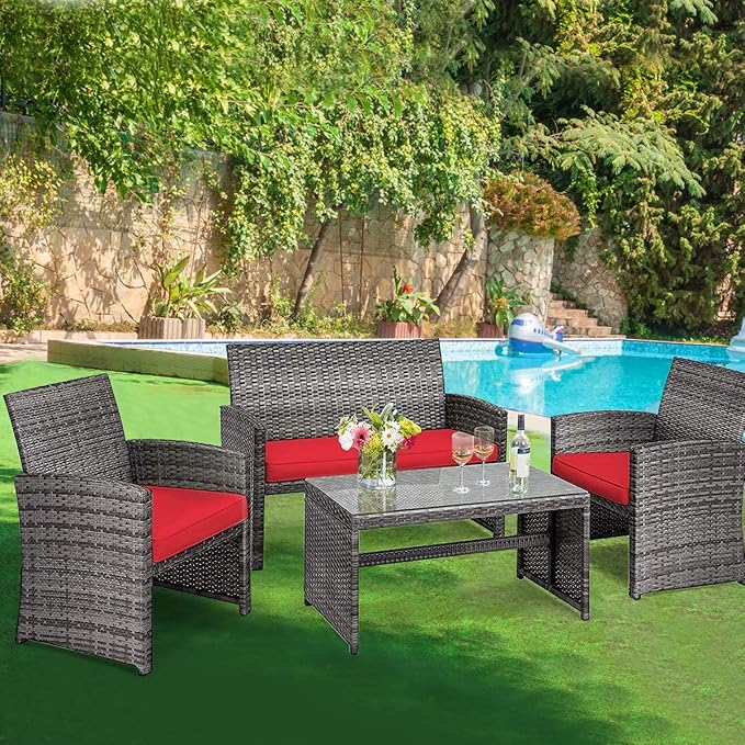 DORTALA 4 Piece Patio Furniture Set, Outdoor Wicker Conversation Set with Soft Cushions & Tempered Glass Coffee Table, Rattan Patio Sofa Bistro Sets for Courtyard Balcony, Red