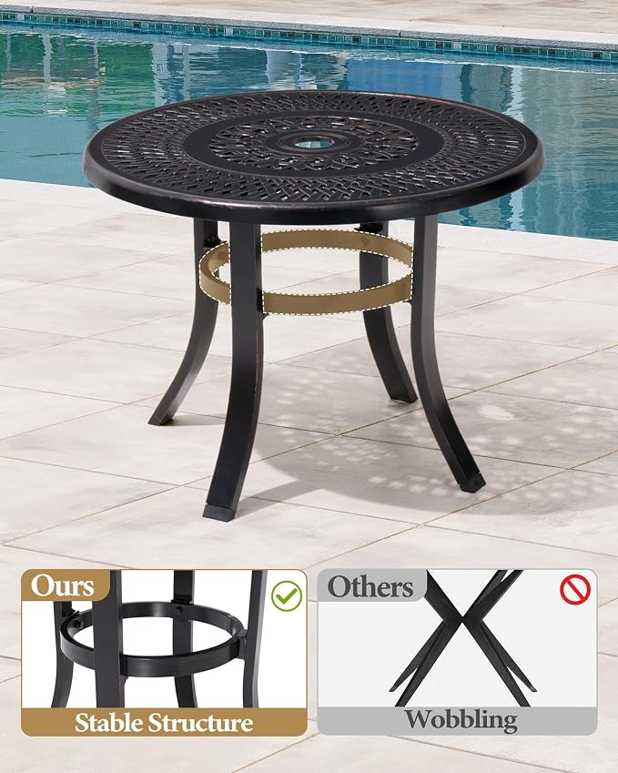 Crestlive Products Cast Aluminum Patio Side Table - Outdoor 24'' Small Round Table with Umbrella Hole Anti-Rust Design for Backyard Porch Pool Balcony, Black with Bronze Spot