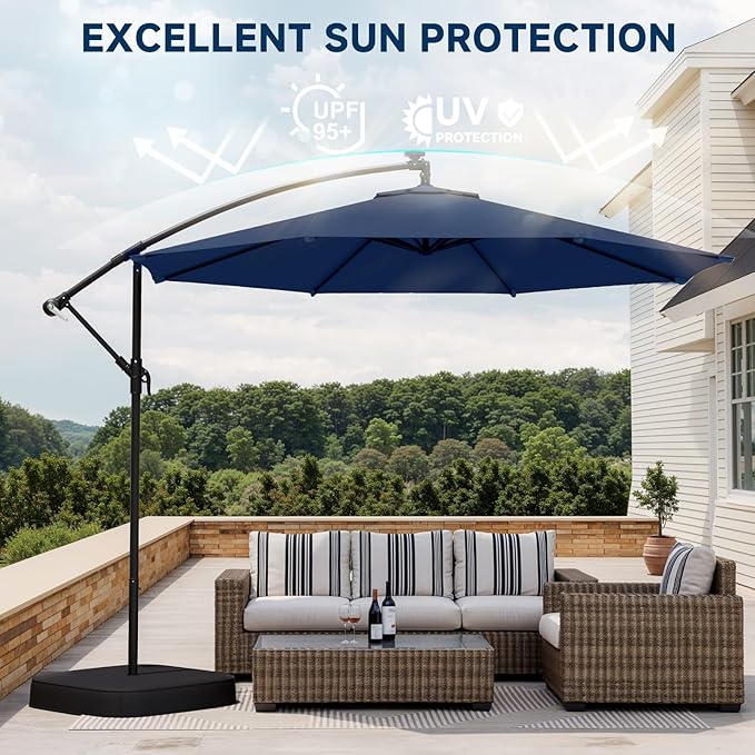 EROMMY 10FT Patio Umbrella with Base Included, Outdoor Offset Cantilever Umbrella, Infinite Tilt, Crank and Cross Base, UV Protection for Backyard, Lawn, Garden & Pool