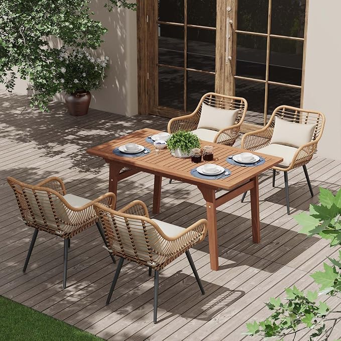 JOIVI 5 Pieces Outdoor Dining Set, Patio Table and Chairs Set for 4, Patio Outdoor Furniture Set with Extendable Dining Table for Porch, Deck, Bistro, Backyard, Garden, Creamy White