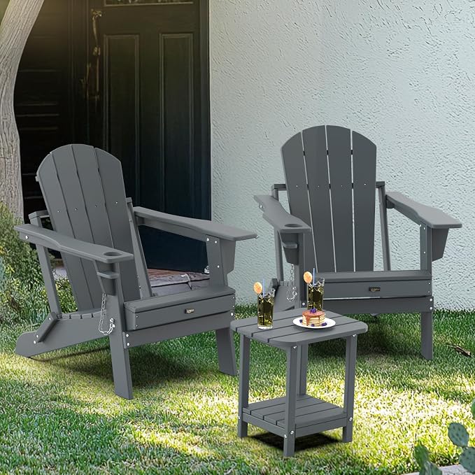 VINGLI Outdoor Side Table, 2-Tier HDPE Adirondack Side Table with Storage, Weather-Resistant Patio End Table for Backyard, Pool, Deck, Indoor Use (Grey)