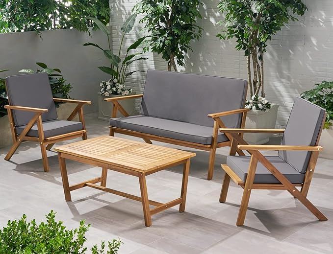 Merax 4 Piece Acacia Wood Patio Conversation Table and Chairs Furniture Sets, Outdoor Dining Couch Sofa for Porch Deck Backyard Lawn Balcony Bistro, Brown Grey