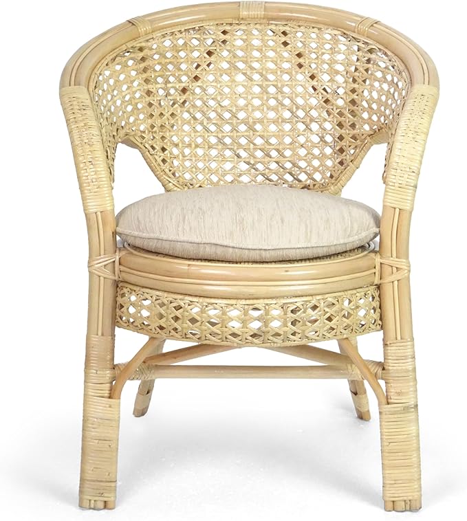 3 Pcs Pelangi Rattan Wicker Dining Set Round Table Glass Top and 2 Arm Chairs with Cream Cushion, Natural Color