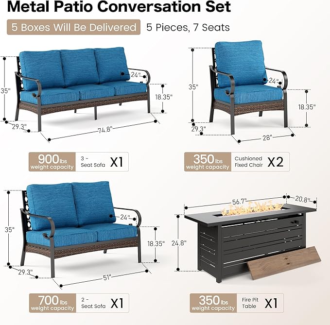 5 Piece Black Metal Outdoor Patio Furniture Set with Firepit Table, Patio Conversation Sets 1 3-Seater Sofa, 1 Loveseat, 2 Single Sofa with 5.75" Cushion for Backyard Deck, Blue-2