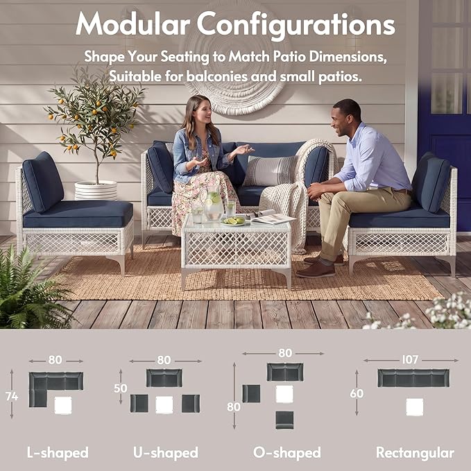 ENSTVER 5-Piece Outdoor Patio Furniture Set, Value Lightweight Boho Outdoor Sectional with Handwoven Wicker & Easy Assembly, Durable Outdoor Sofa for Small Patio, Balcony（Cushion Navy Blue）