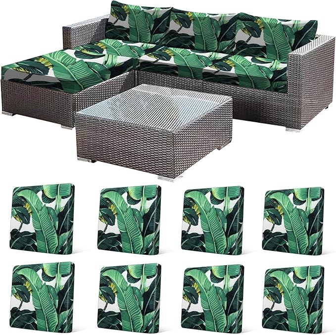 CALBODE 8 Pcs Stretch Outdoor Seat Cushion Covers, Washable Chair Seat Cover for Patio Furniture Cushions Soft Indoor and Outdoor Couch Cover Replacement (Monstera, Cover Only)