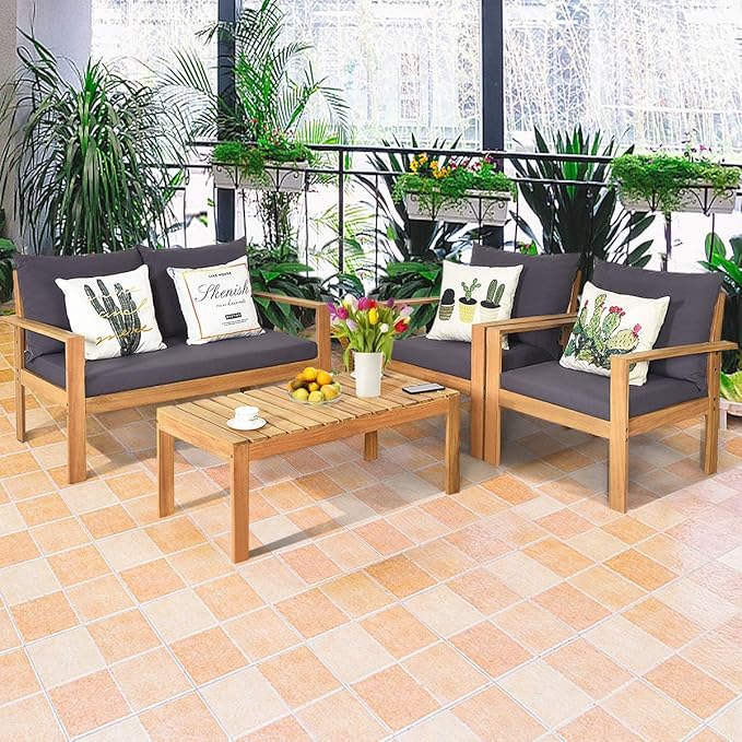HAPPYGRILL 4 Pieces Wood Patio Conversation Set, Outdoor Furniture Sofa Table Set, Cushions, Acacia Wood Chairs & Coffee Table Set for Garden Backyard Poolside