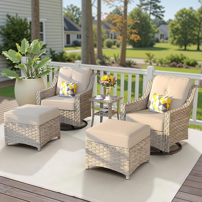 HOOOWOOO Patio Furniture Set,5 Pieces Wicker Outdoor Furniture,High Back Conversation Set with All Weather Resistant Swivel Chairs with Ottoman Side Table,Beige Tan