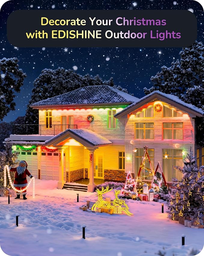 EDISHINE 100FT IP67 Waterproof Smart Permanent Outdoor Lights, RGBIC | APP/Voice/Remote Control, 111+ Scene Modes, Cuttable LED Stripe Lights for Party Decor & Festive Celebrations