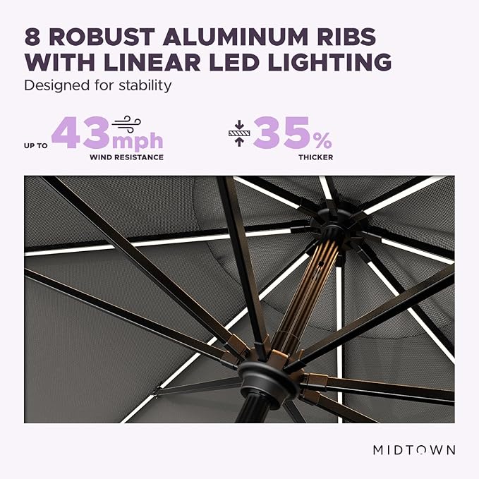 Midtown Umbrellas The LED Swilt 10 Feet Patio Umbrella With Terylast Charcoal Grey Polyester Fabric - Auto-Tilt Aluminum Frame With LED Lights For Backyard, Deck, Garden, Pool - Black Pole