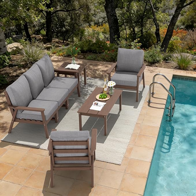 LOUNZY HDPE Outdoor Furinture Set,7 Piece Sectional Sofa Patio Furniture Set, All Weather Outdoor Couch Set Patio Furniture Set for Deck, Lawn, Brown