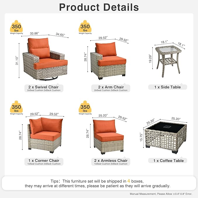 Weaxty 9 Pieces Patio Furniture Set, Outdoor Sectional Furniture Sofa Set w/Swivel Rocking Chairs Coffee Table, PE Wicker Modular Couch Conversation Set for Backyard Garden,Orange