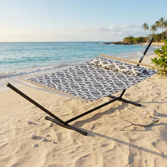 Double Hammock with Stand for Outside, Upgraded Carrying Case，Easy Assembly, Portable Space Saving Heavy-Duty Steel Frame，2 Person 450 Lbs Capacity，Perfect for Outdoor & Indoor,Grey