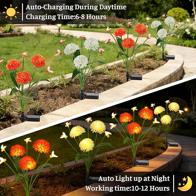 Solar Garden Lights Outdoor 2 Packs Solar Swaying Bee Lights with Fake Flowers Waterproof Firefly Light Flower Fairy Lights Outdoor Patio Yard Pathway Decoration Ideal Gifts for Women Mother's Day