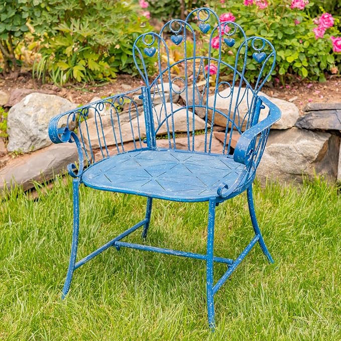 Zaer Ltd. Vintage Style Metal Patio Furniture with Heart Design Accents, Outdoor/Indoor Decor (Vintage Blue, Set of 3 (Bench, Table, Chair))