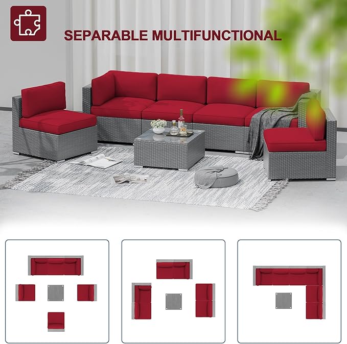 SUNCROWN Outdoor Patio Furniture Set 7 Piece Outdoor Sectional Sofa Grey Wicker Conversation Sofa Set with Coffee Table and Cushions -Red