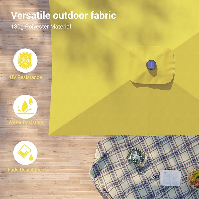 Rectangle Patio Umbrella with Solar Lights, 10 x 6.5ft Rectangular Outdoor Umbrella Table Market Patio Umbrella with Push Button Tilt and Crank for Garden, Deck, Backyard, Pool