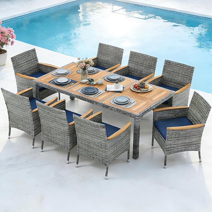 COSTWAY 9-Piece Patio Dining Set for 8, Outdoor Rattan Wicker Table and Chairs Furniture Set with Umbrella Hole, Acacia Wood Tabletop for Backyard, Balcony, Poolside, Grey & Navy