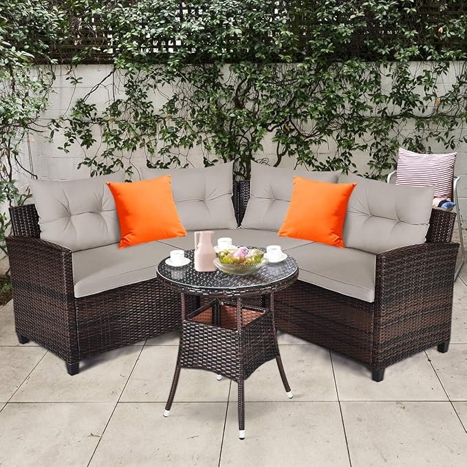 HAPPYGRILL 4 Pieces Curved Outdoor Sofa Set Rattan Wicker Patio Furniture Set with Coffee Table & Cushions Modern Conversation Set Curved Sofa Set for Garden Poolside Balcony