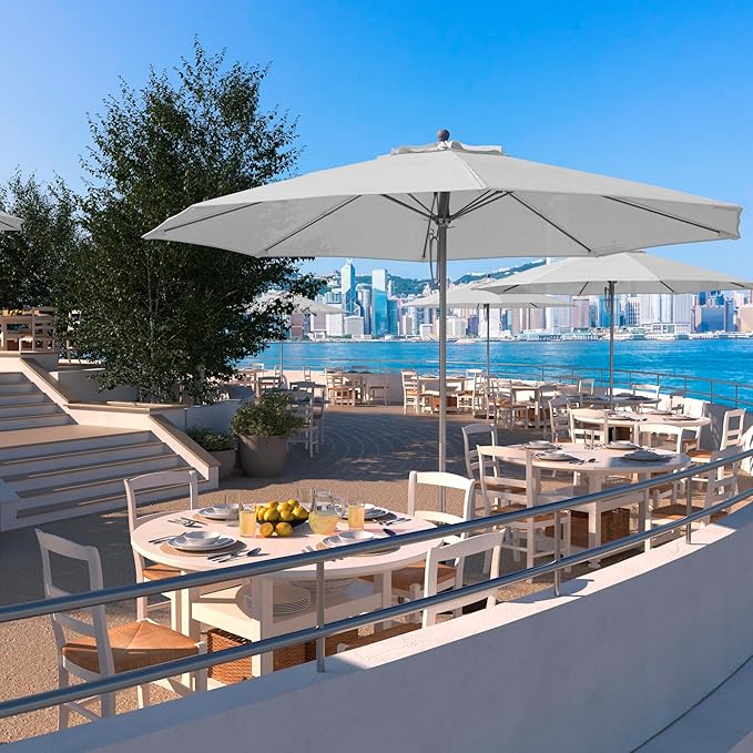 California Umbrella 11Ft Commercial Grade Sunbrella Fabric Market Umbrella, Pulley Lift, Aluminum/Fiberglass, 2mm pole wall, Silver Frame, Natural Fabric
