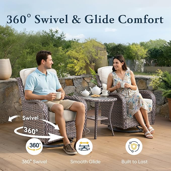 Belord Luxury 6" Thick Cushioned Outdoor Swivel Rocker Chairs Set of 4 with Fire Pit Table, High Back Wicker Patio Furniture Set with Ergonomic Zone Back, Conversation Set for Deck Porch - Brown+Beige