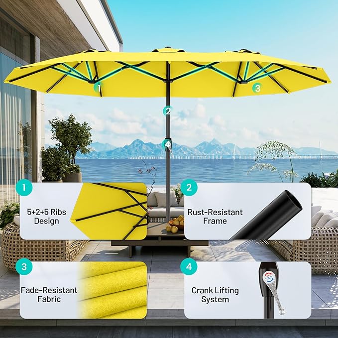 AreShark 15ft Patio Umbrella with Base, Double Sided Outdoor Umbrella with 12 Fiberglass Ribs, Large Outdoor Umbrella for Garden, Pool, Deck, Backyard & Market, Yellow