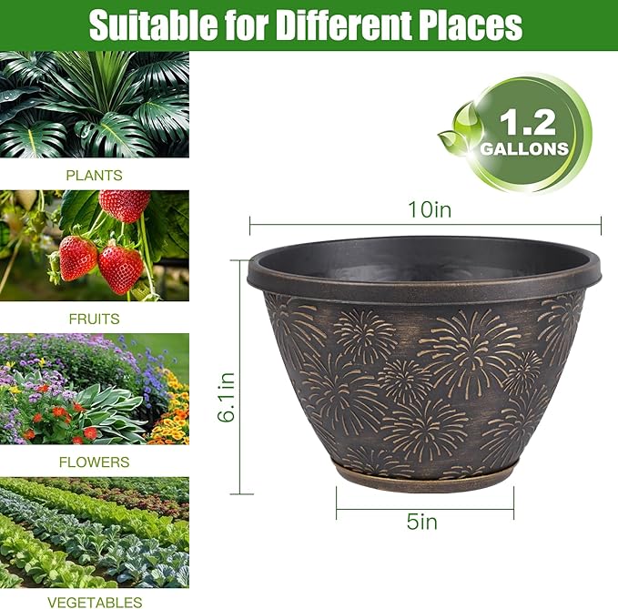 4 Pack 10 Inch Plant Pots with Drainage Holes and Saucers, Antique Gold Firework Embossed Resin Planters, Weather-Resistant Flower Pots for Indoor Outdoor Plants, Herbs, Pothos, Patio Home Decor