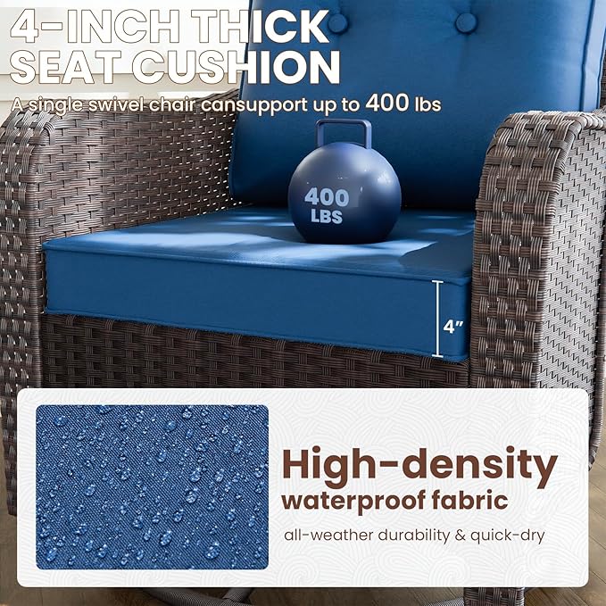 Gotland 9 Pieces Patio Furniture Set with 2 Swivel Chairs, 7-Seater Patio Furniture in 4 Combinations with Wide Armrests 29.5'' High Backrest, Wicker Outdoor Sectional for Deck Garden Pool Navy