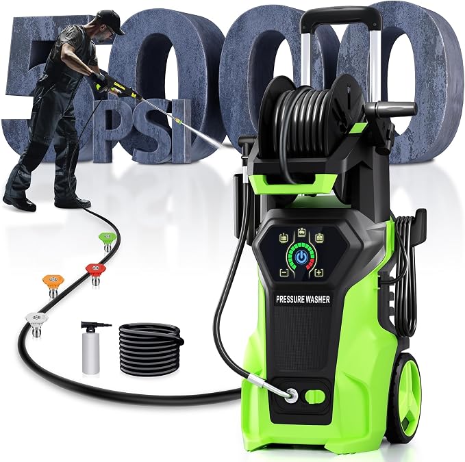 Fenbeli 𝟓𝟎𝟎𝟎𝐏𝐒𝐈 𝐏𝐫𝐞𝐬𝐬𝐮𝐫𝐞 𝐖𝐚𝐬𝐡𝐞𝐫 Portable Washer Cleaner with 4 Quick Connect Nozzles for Car Driveway Patio Fence (Green)