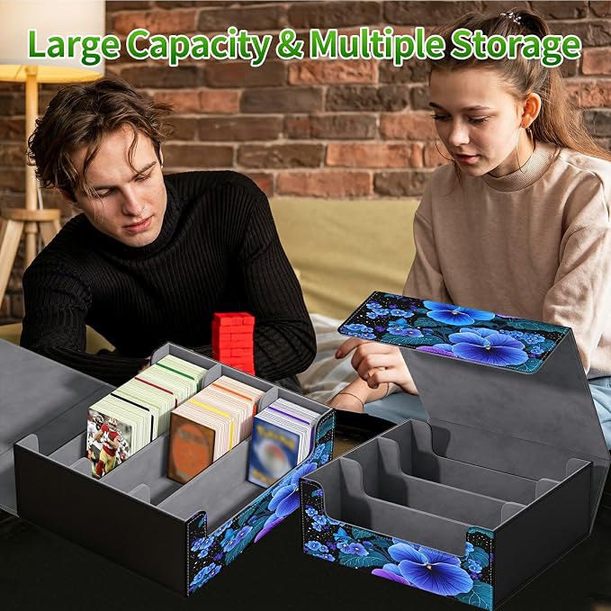 Card Deck Box for MTG, Cards Storage Box Fits 120+ Sleeved, Leather Big Size Strong Magnetic Closing Case for Board Games Magic TCG CCG Baseball Collection Women Man, Blue Flower Bird