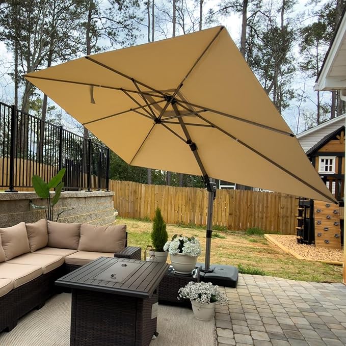 PURPLE LEAF 9' X 12' Left-right Tilting Patio Umbrella Outdoor Swivel Cantilever Umbrella Aluminum Offset Umbrella with Champagne Frame and 360-degree Rotation for Garden Deck Pool, Beige