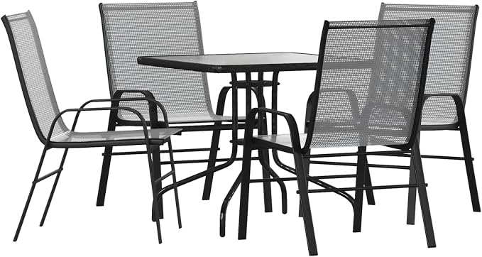 Flash Furniture Brazos 5 Piece Outdoor Patio Dining Set - 4 Gray Flex Comfort Stack Chairs - 31.5" Square Tempered Glass Patio Table
