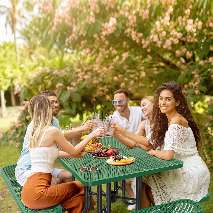 46IN Square Outdoor Picnic Table with Attached Seats, Heavy-Duty Metal Expanded Mesh Patio Table, 1600LBS Load Capacity Commercial-Grade Table for Park, Backyard, Deck, Green