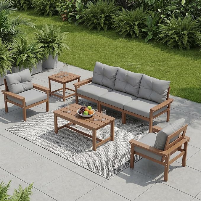 HDPE 4 Piece Patio Furniture Set, All-Weather Outdoor Couch with Thick Cushions & Coffee Table & Side Table, Patio Conversation Sets for Lawn, Garden, Porch, Balcony, Deck, Poolside, Teak