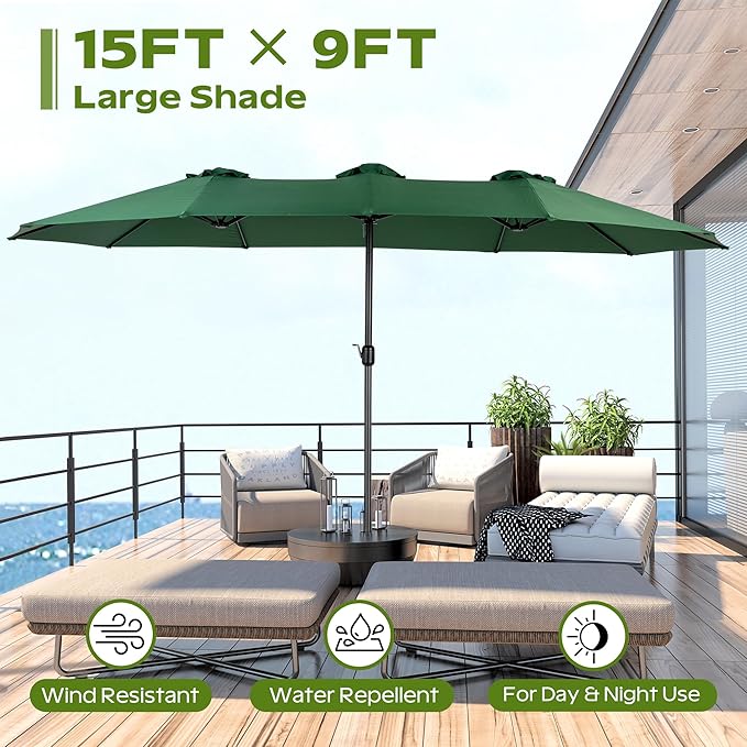 15ft Umbrella Outdoor Patio - Double-Sided Large Market Rectangle Umbrellas with Crank Handle for Patio Garden Yard Pool (No Base)