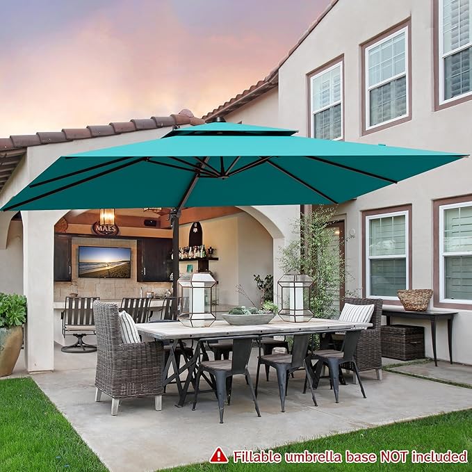 9x12FT Cantilever Patio Umbrella - Heavy Duty Double Layer Offset Design with 360° Rotation, Large Rectangle Sun Shade Umbrella for Garden, Deck, Pool, Backyard, Turquoise