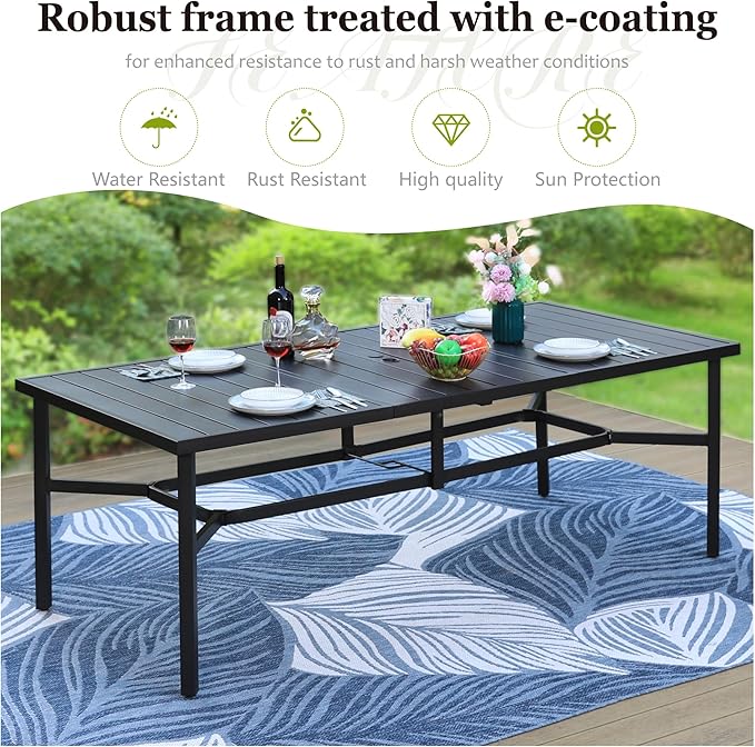 HERA'S HOUSE 9 Pieces Outdoor Dining Set, Patio Table and Chairs Set for 8, 8 x Textilene Chairs and 1 x Large Rectangle Metal Table with Umbrella Hole for Deck Garden Backyard Lawn Poolside