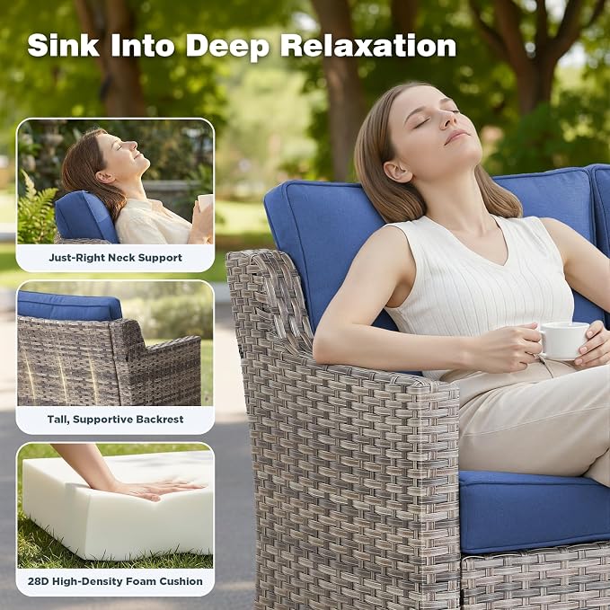 Belord Patio Wicker Swivel Rocker Patio Chairs with 3-Seater Sofa and Propane Fire Pit Table, Outdoor Furniture Set for Deck Porch Poolside, 7 Piece Patio Conversation Furniture Set,Blue