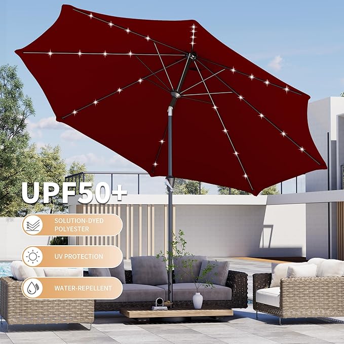 Kingdura 9FT Outdoor Patio Umbrella with Solar Lights, Market Table Umbrella with Push Button Tilt & Crank, 8 Sturdy Ribs, 32 LED Lights, UV Protection for Garden Lawn Deck Backyard Pool (Dark red)