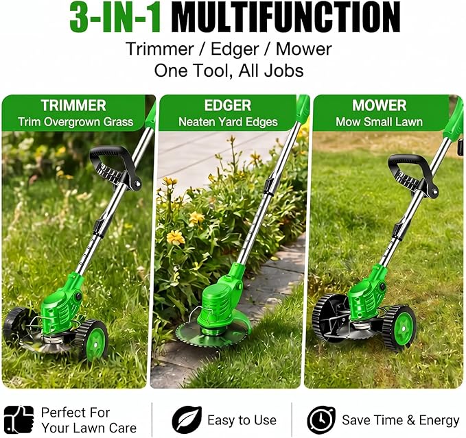Cordless Weed Wacker with 2 Batteries, Lightweight 21V Weed Trimmer with Wheels, Electric Grass Trimmer, Adjustable Shaft Lawn Tool for Small Yard Tight Spaces