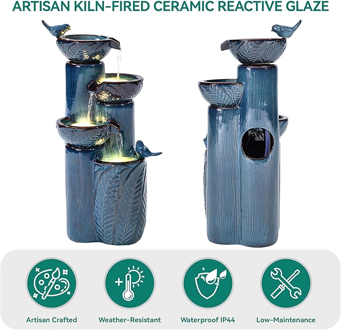 33" H Ceramic Outdoor Water Fountain with LED Lights, 4-Tier Bowl Water Feature with Birds, Teal Blue Glaze, Embossed Leaf Pattern, Cascading Waterfall for Tranquil Garden, Patio, or Porch