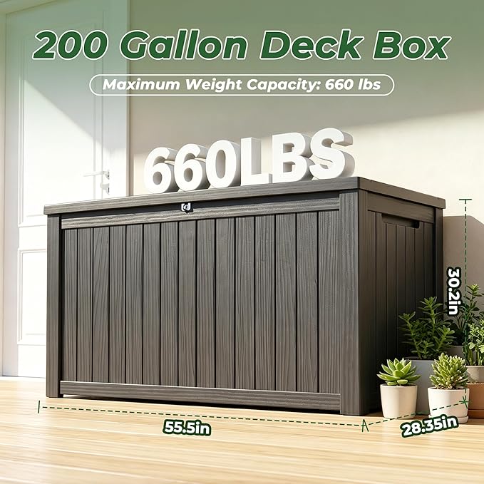 200 Gallon Deck Box, Lockable Waterproof Storage Box, Outdoor Storage Bin for Package Delivery, Patio Cushions, Gardening Tools，Pool Accessories and Sports Equipment (Black,200 Gallon)