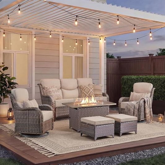 Luxury Patio Furniture Set with Fire Pit Table-6 Pieces All Weather Outdoor Swivel Rocker Chairs with Sofa and Ottomans. Outdoors Patio Conversation Sets for Porch Deck Garden Backyard(Brown/Beige)