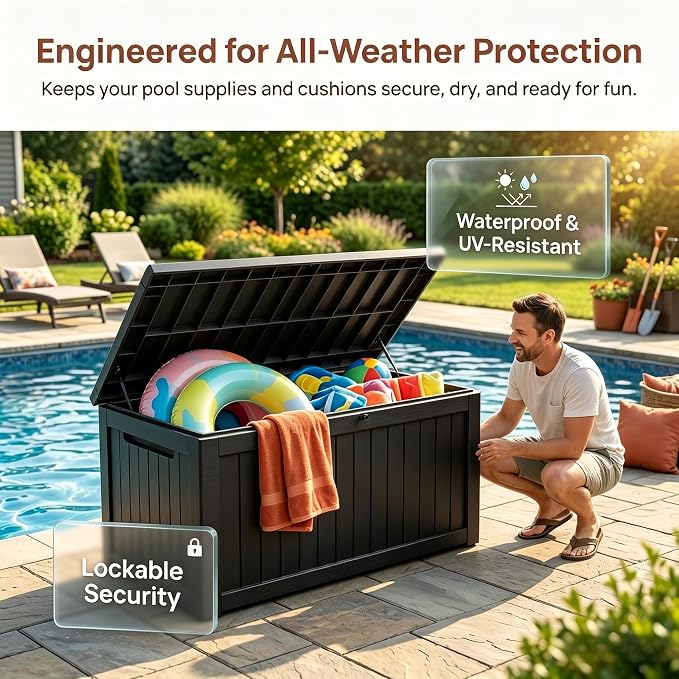 Large 258 Gallon Resin Deck Box, Heavy Duty Lockable Patio Storage Box Outdoor, Waterproof Tool Box for Garden Furniture Cushions & Pool Supplies, Wood Grain Outdoor Storage Bench for Backyard
