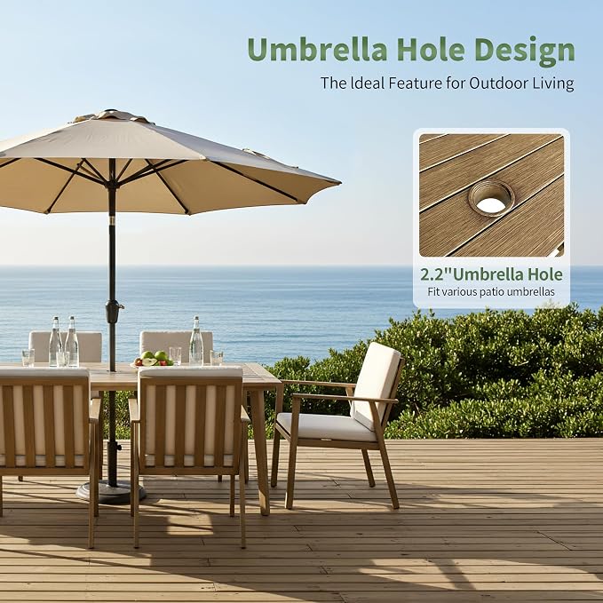 7 Pieces Patio Dining Set for 6, Never-Rust Aluminum Outdoor Table and Chairs Set with Cushions, Modern Patio Furniture with Umbrella Hole, 6 Pario Chairs & Table for Backyard Deck Pool, Teak