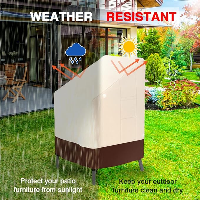 Tuyeho Patio Stackable Chair Cover 2 Pack, 36 x 28 x 47 inch, 900D Heavy Duty Outdoor High Back Cover, Waterproof & Weather Resistant for Your Stackable Dining Chair (Beige & Brown)