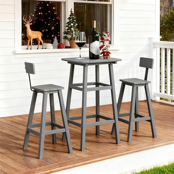 3-Piece Outdoor Counter Height Bar Table Set, 42" Pub & Bistro Table with 2 Stools, HDPE Weather Resistant for Patio/Backyard/Garden/Poolside, Grey