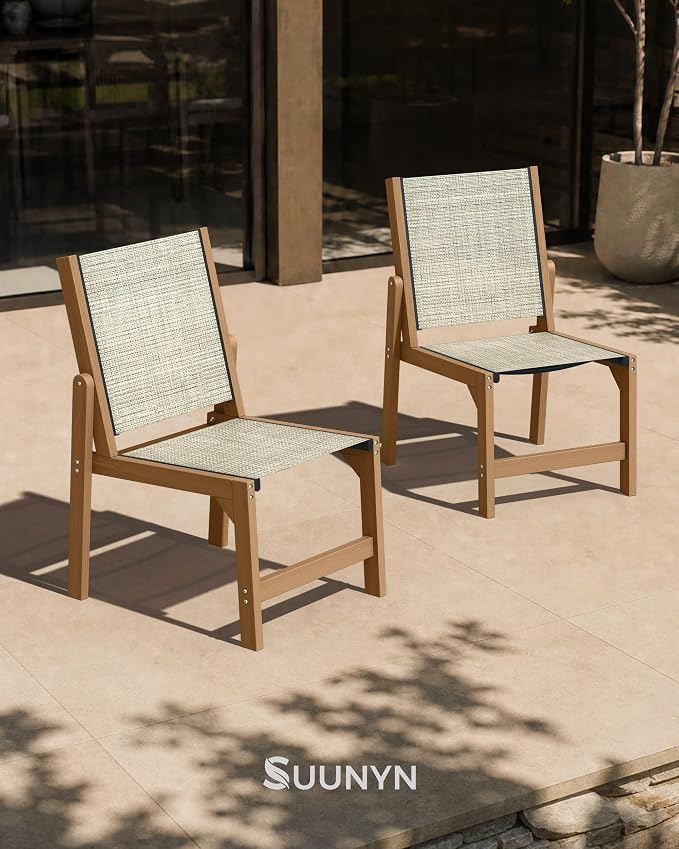 SUUNYN Patio Stackable Chairs Set of 2, HDPE Armless Outdoor Dining Chairs with Wide Seat, All-Weather Textilene Oversized Porch Chair for Garden, Poolside, Backyard, Deck | Teak